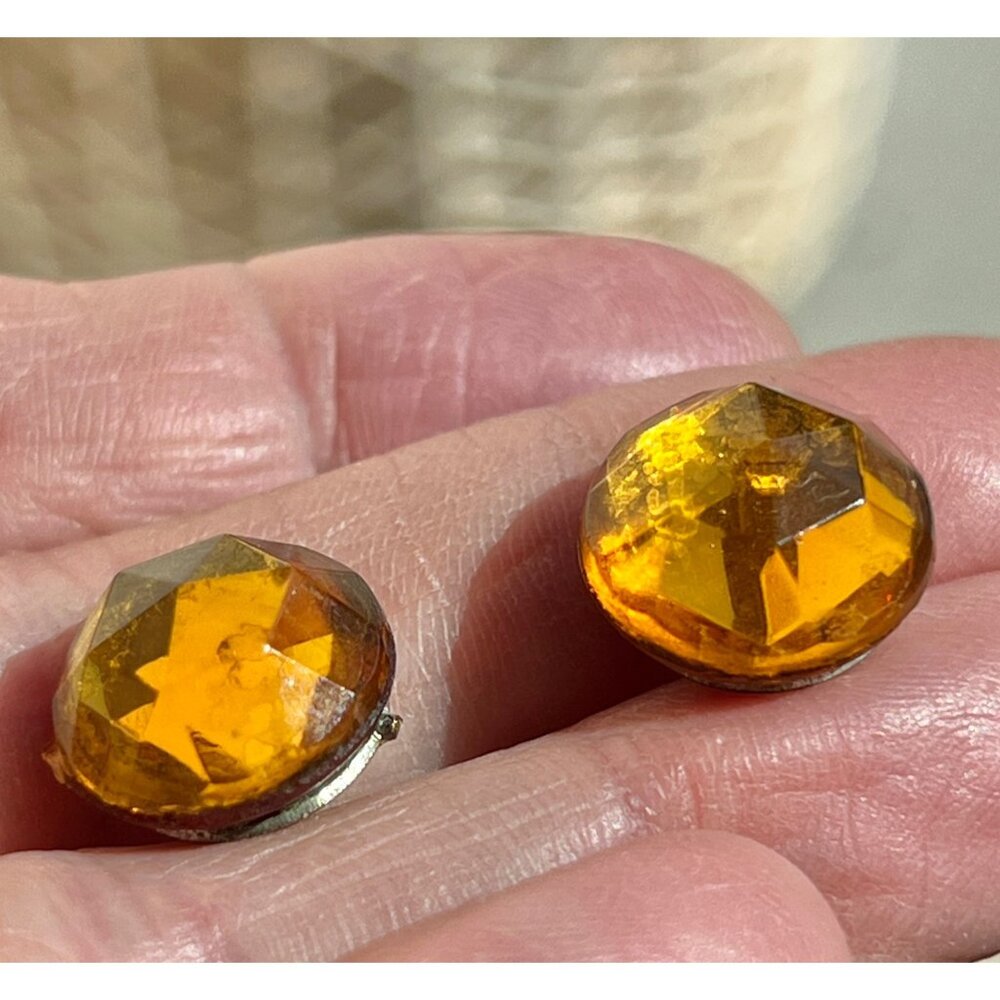 Vintage Amber-Like Gemstone Stud Earrings With Metal Backing – .5” Diameter - Picture 5 of 7